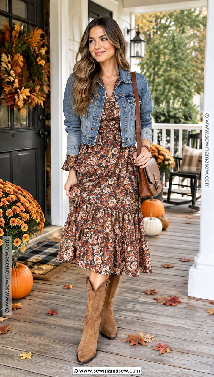 Floral Midi Dress With Tan Cowgirl Boots - 15 cowgirl boots thanksgiving outfit