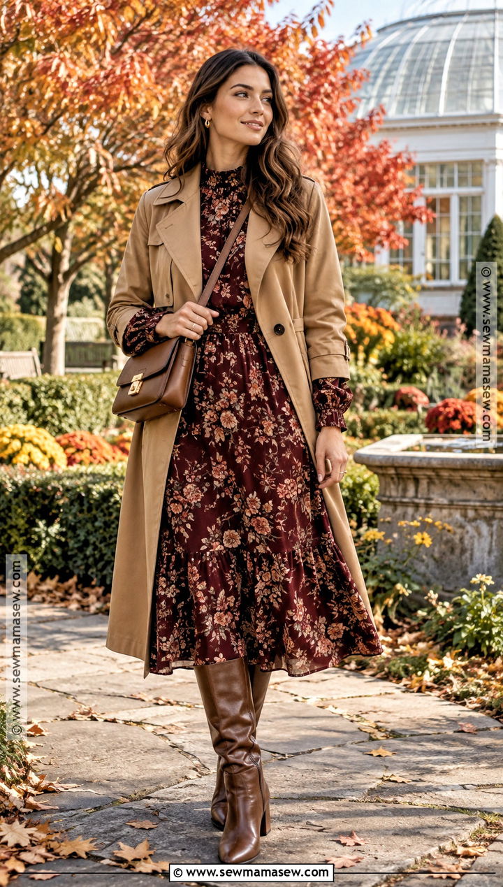 Floral Midi Dress With Trench Coat - 25 fall vacation outfits