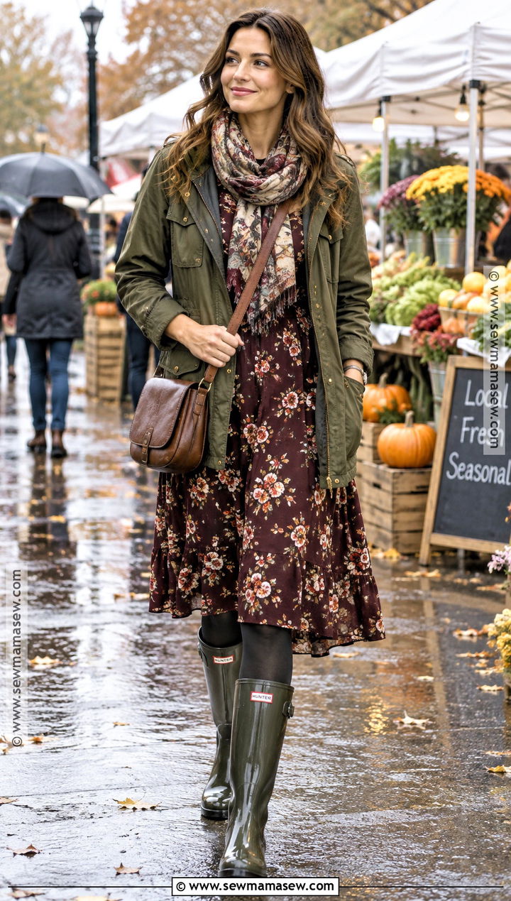 Floral Midi Dress With Utility Jacket And Rain Boots - 15 Fall Fashion Rain Boot Ideas