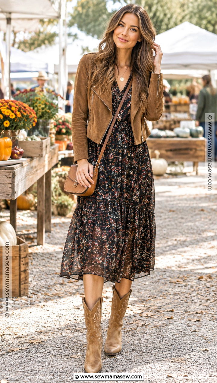 Floral Midi Dress With Western Boots - 15 Fall Dresses With Boots 2026