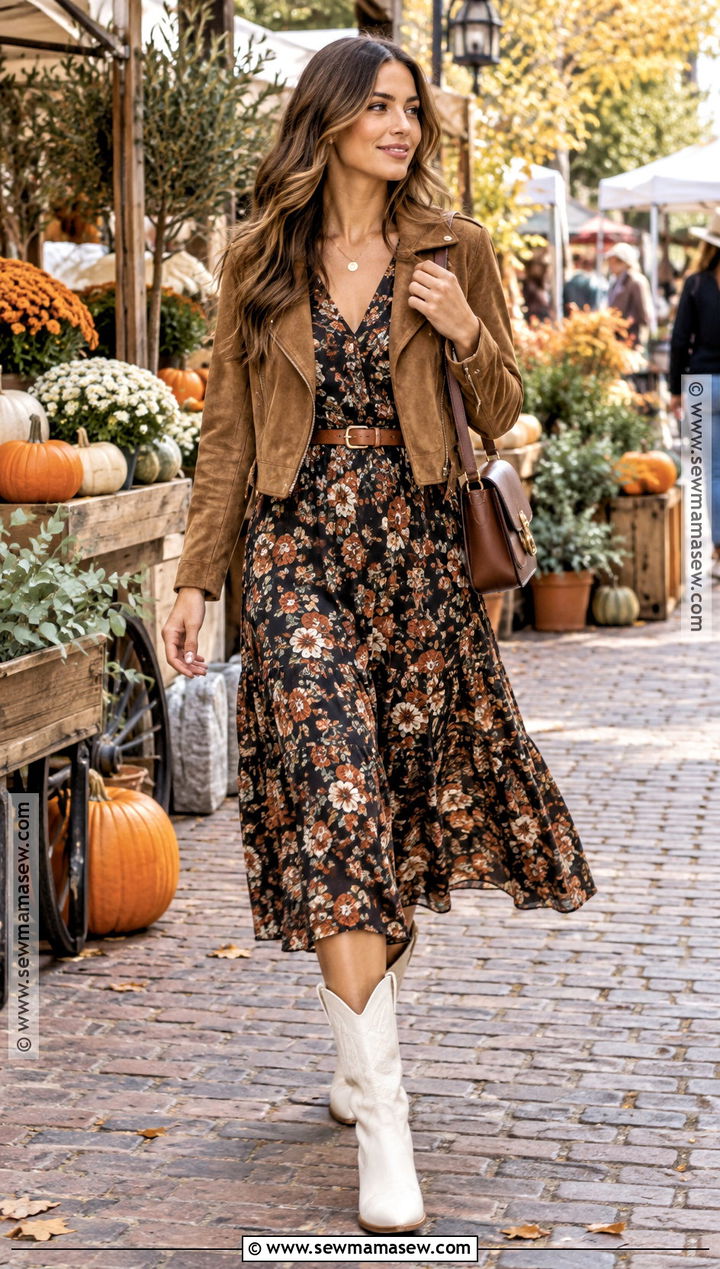Floral Midi Dress With White Cowboy Boots - 20 Fall Outfits With White Boots