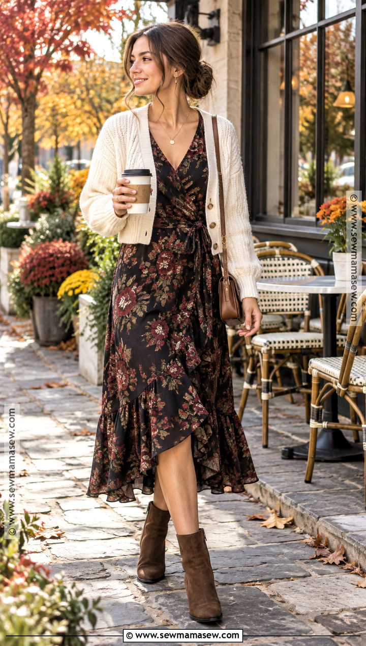 Floral Midi Dress and Ankle Boots Fall Date Outfit - 20 casual date outfit fall ideas
