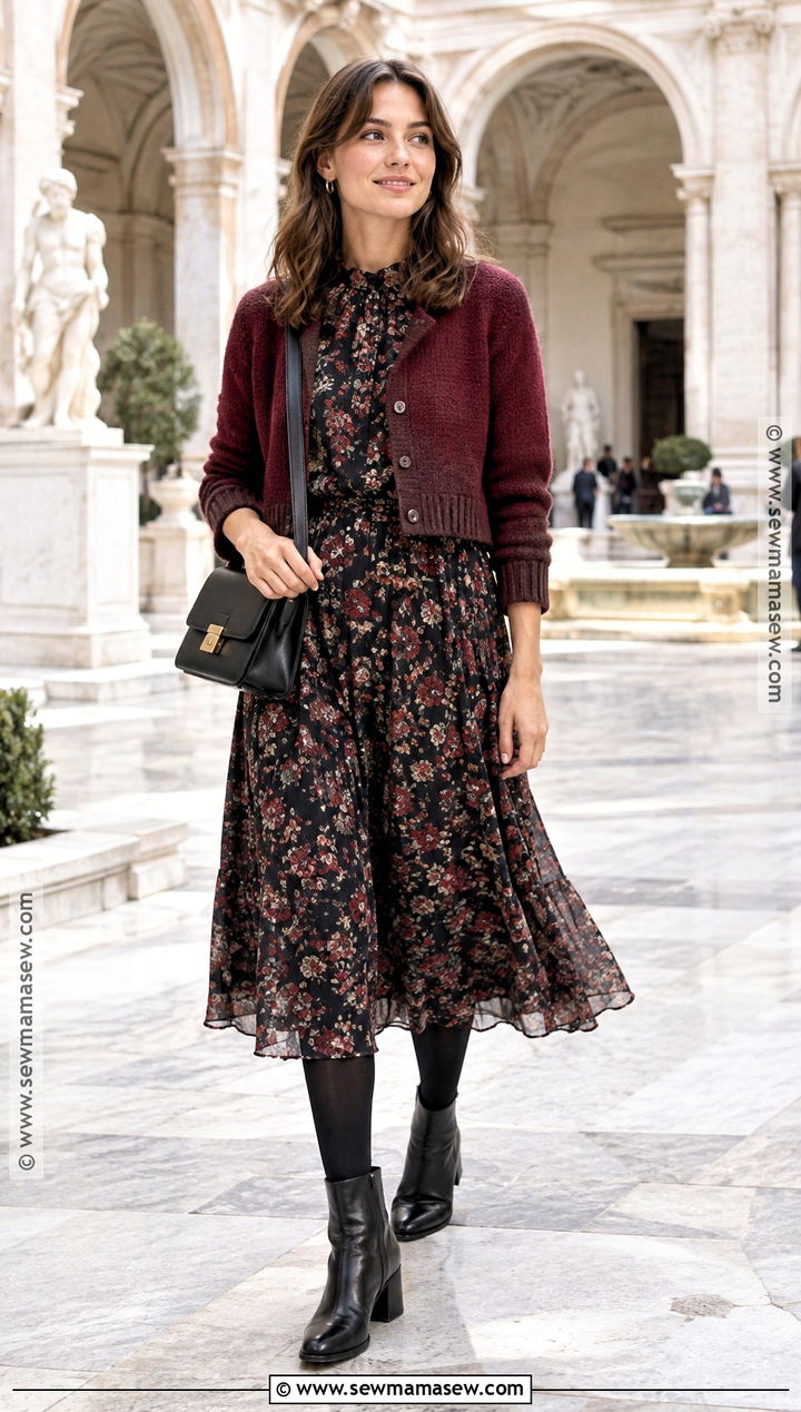 Floral Midi Dress and Ankle Boots Fall Outfit - 25 Fall Season Outfits