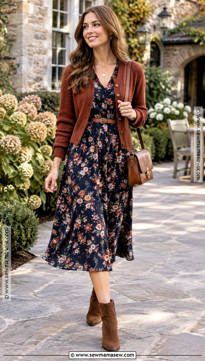 Floral Midi Dress and Ankle Boots Fall Outfit - 15 Fall Outfit Inspiration Ideas 2026