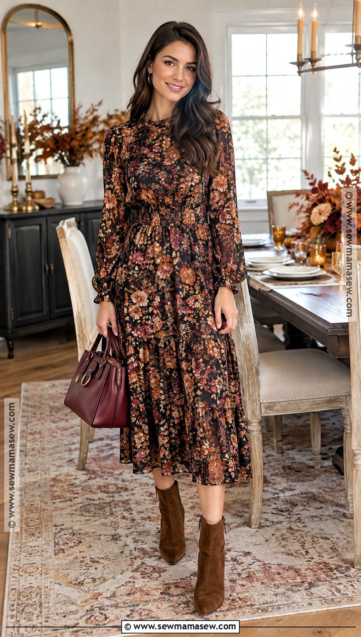 Floral Midi Dress and Ankle Boots Friendsgiving Outfit - 25 Friendsgiving Outfits for Women
