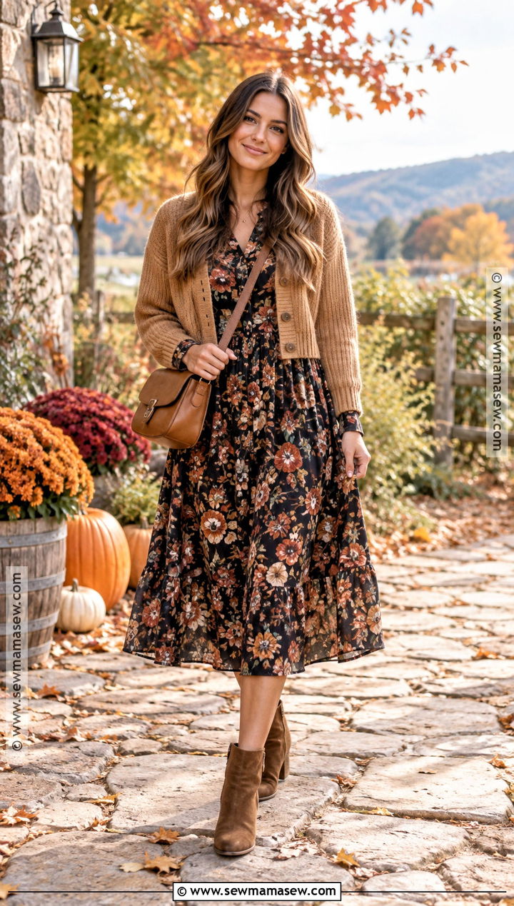 Floral Midi Dress and Ankle Boots Thanksgiving Outfit - 25 thanksgiving day outfits for women