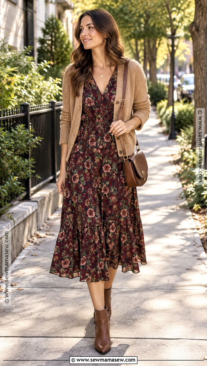 Floral Midi Dress and Ankle Boots Transition Outfit - 15 summer to fall transition outfits capsule wardrobe