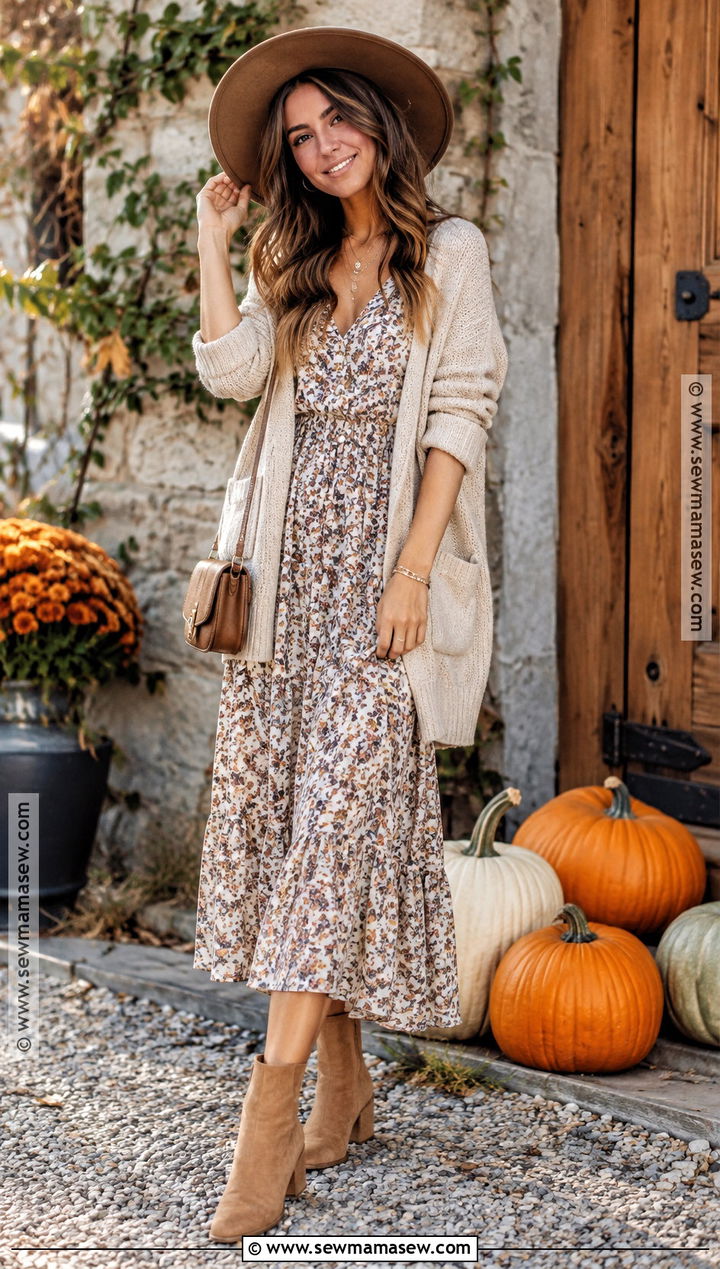 Floral Midi Dress and Cardigan Pumpkin Patch Outfit - 20 Pumpkin Patch Photoshoot Outfits