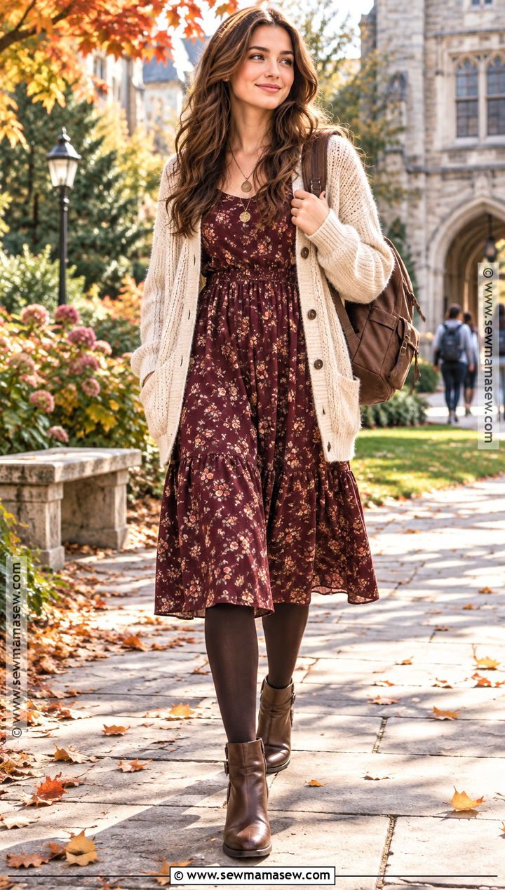 Floral Midi Dress and Cardigan School Outfit - 25 autumn school outfits