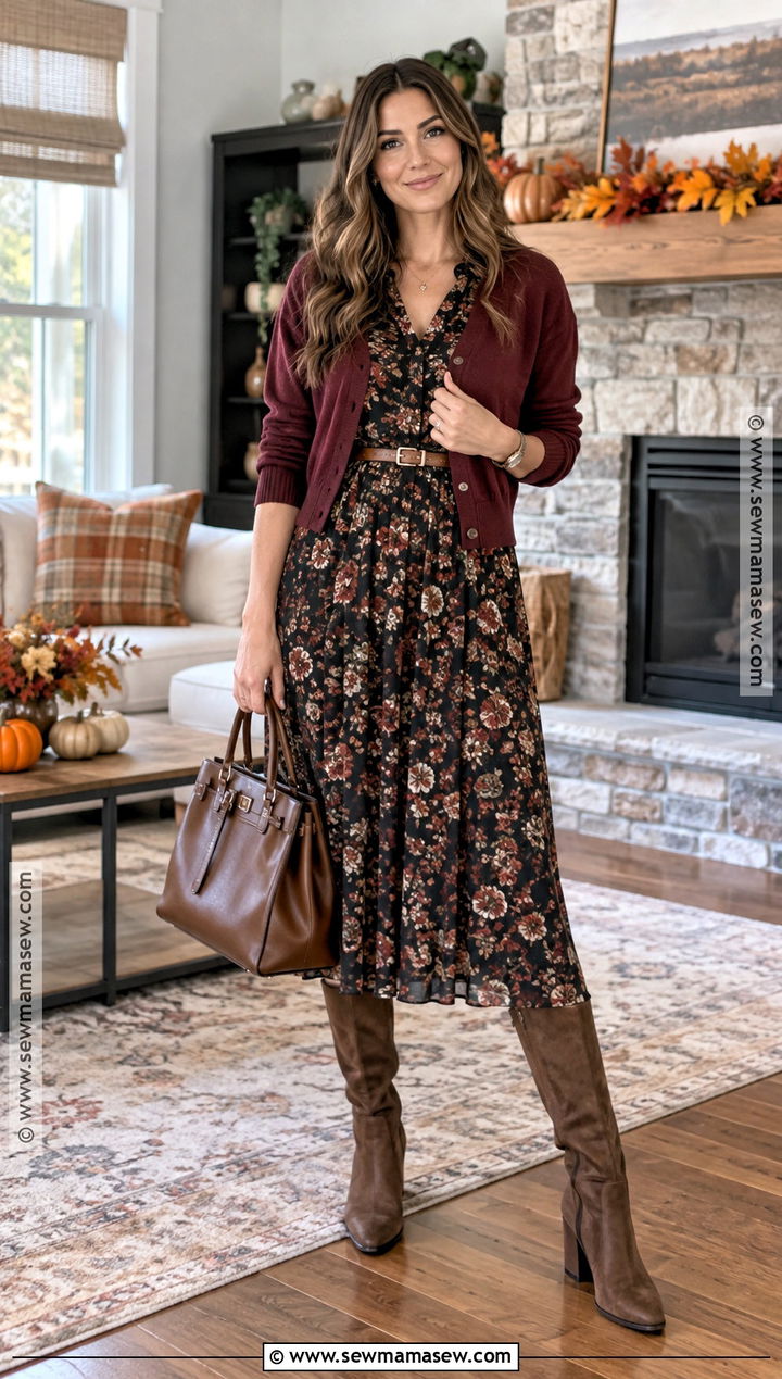 Floral Midi Dress and Cardigan Thanksgiving Outfit - 25 fall thanksgiving outfits
