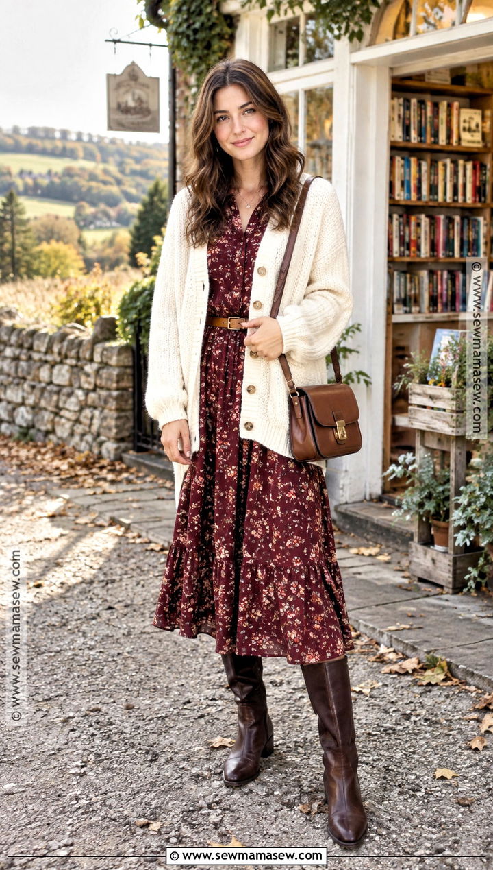 Floral Midi Dress and Chunky Cardigan Autumn Outfit - 25 Autumn Aesthetic Cozy Outfit Ideas