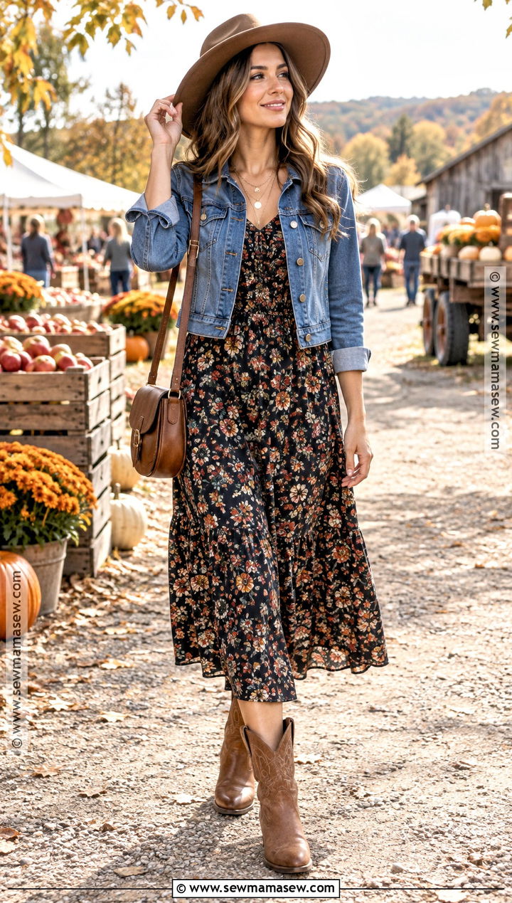 Floral Midi Dress and Cowboy Boots Fall Festival Outfit - 30 fall festival outfit ideas