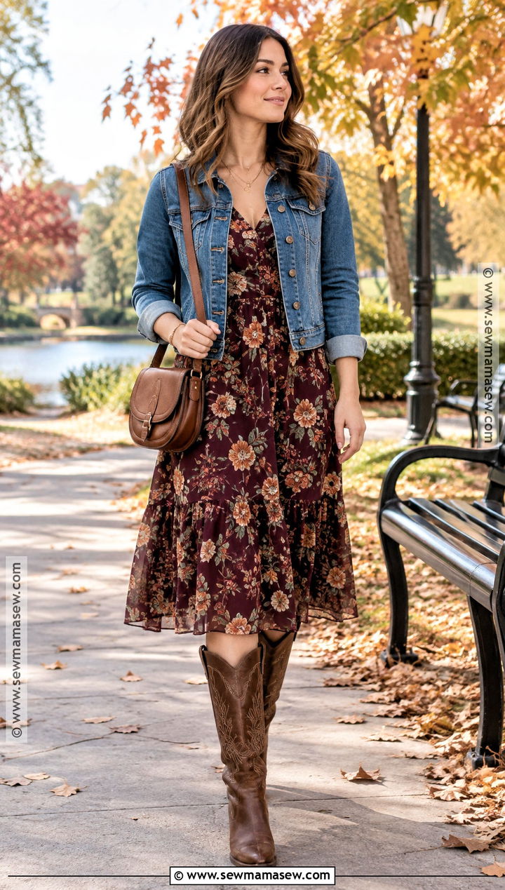 Floral Midi Dress and Cowboy Boots - 20 fall outfits with cowboy boots