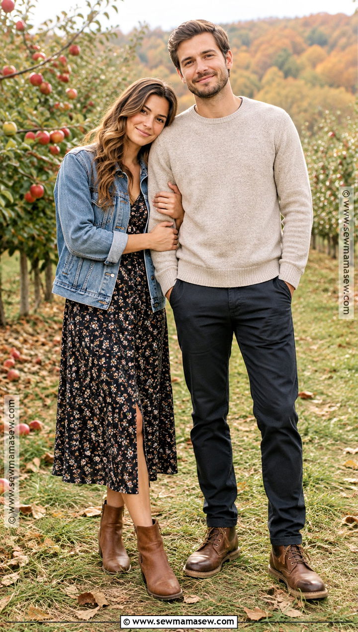 Floral Midi Dress and Denim Jacket Fall Couple Outfit - 15 Fall Photos Couples Outfits