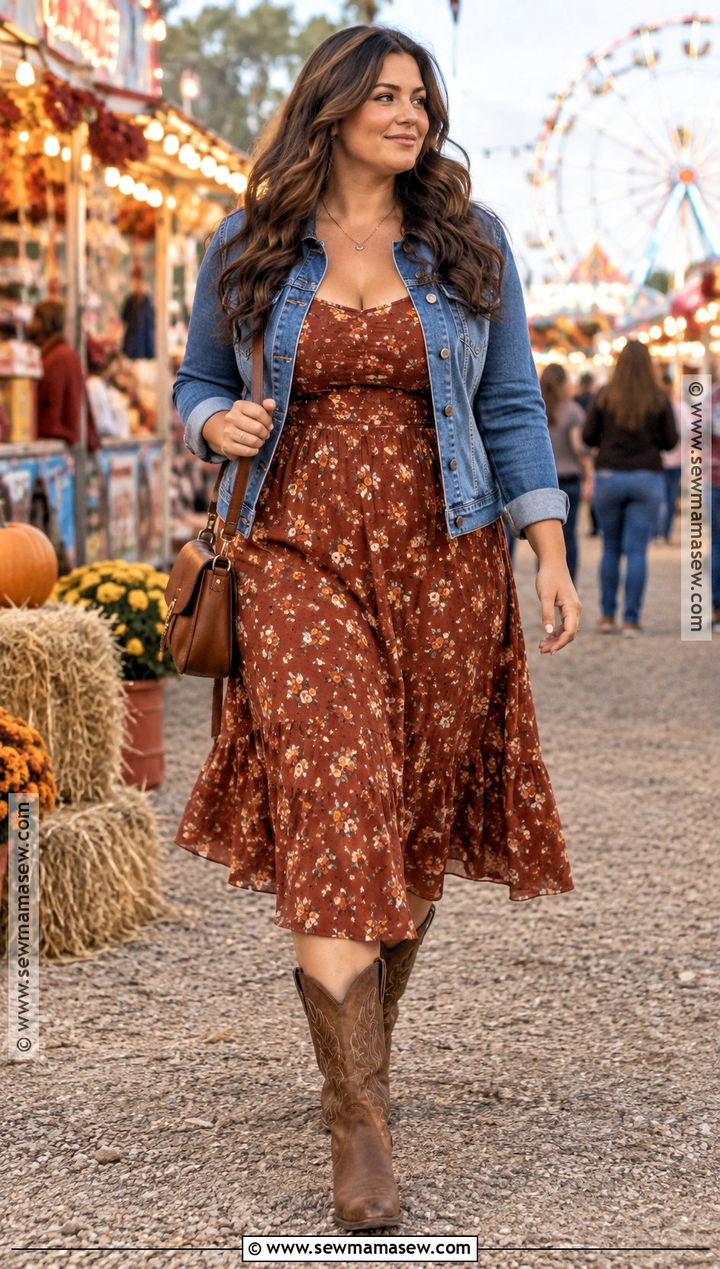 Floral Midi Dress and Denim Jacket Fall Fair Outfit - 25 fall fair outfit ideas