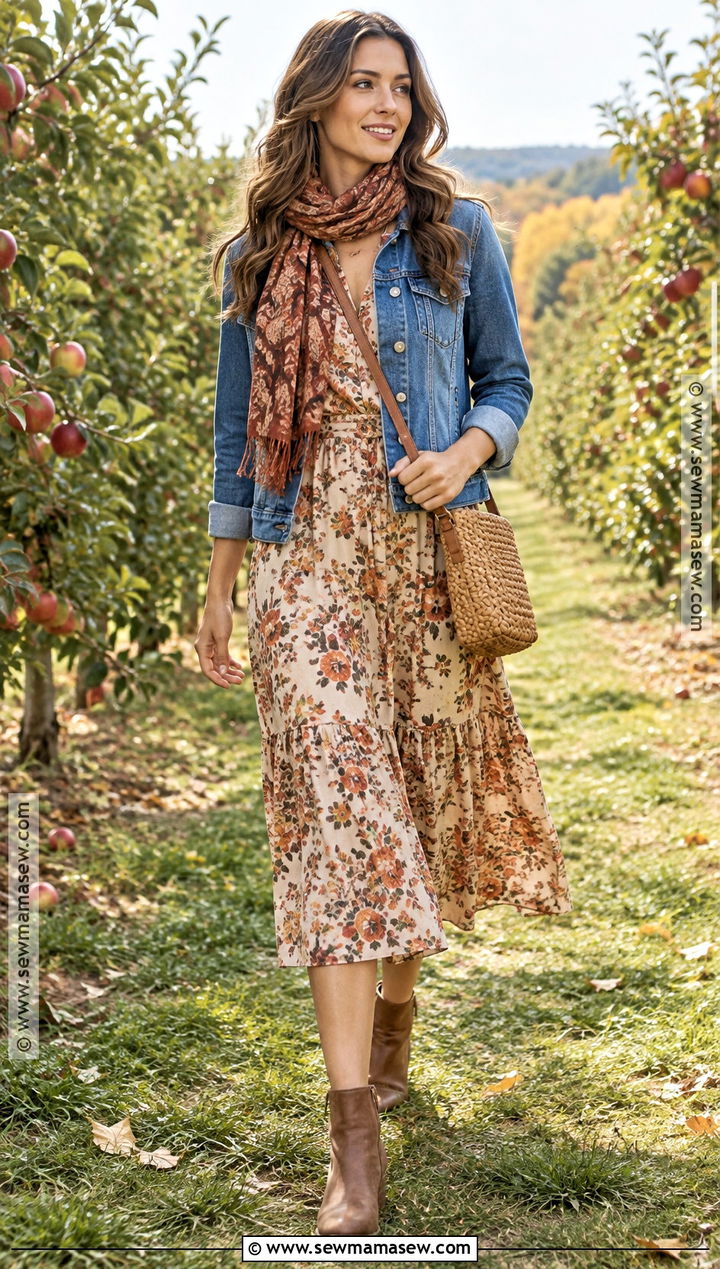 Floral Midi Dress and Denim Jacket Harvest Outfit - 20 Harvest Outfits