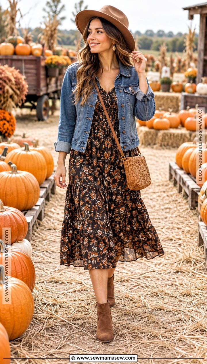 Floral Midi Dress and Denim Jacket Pumpkin Patch Fit - 25 pumpkin patch fits