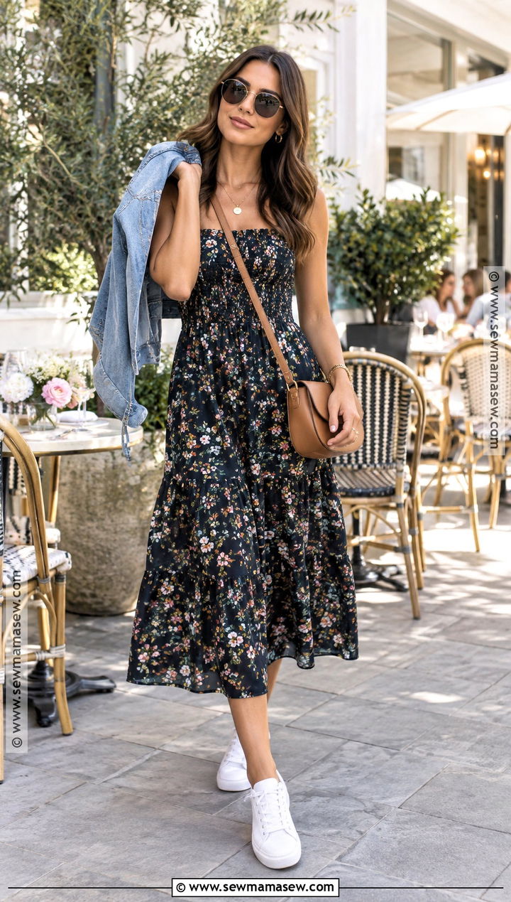 Floral Midi Dress and Denim Jacket September Outfit - 15 September Outfits Warm Weather