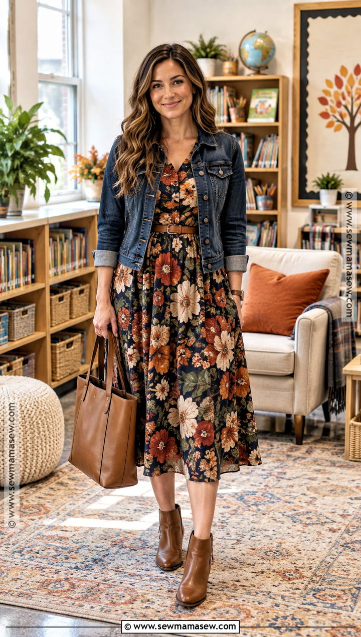 Floral Midi Dress and Denim Jacket Teacher Outfit - 15 teachers fall outfits