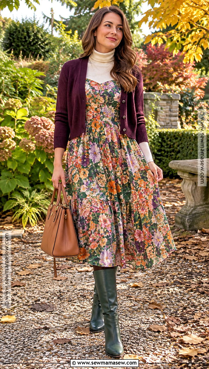 Floral Midi Dress and Green Boots Autumn Outfit - 25 colourful autumn outfits