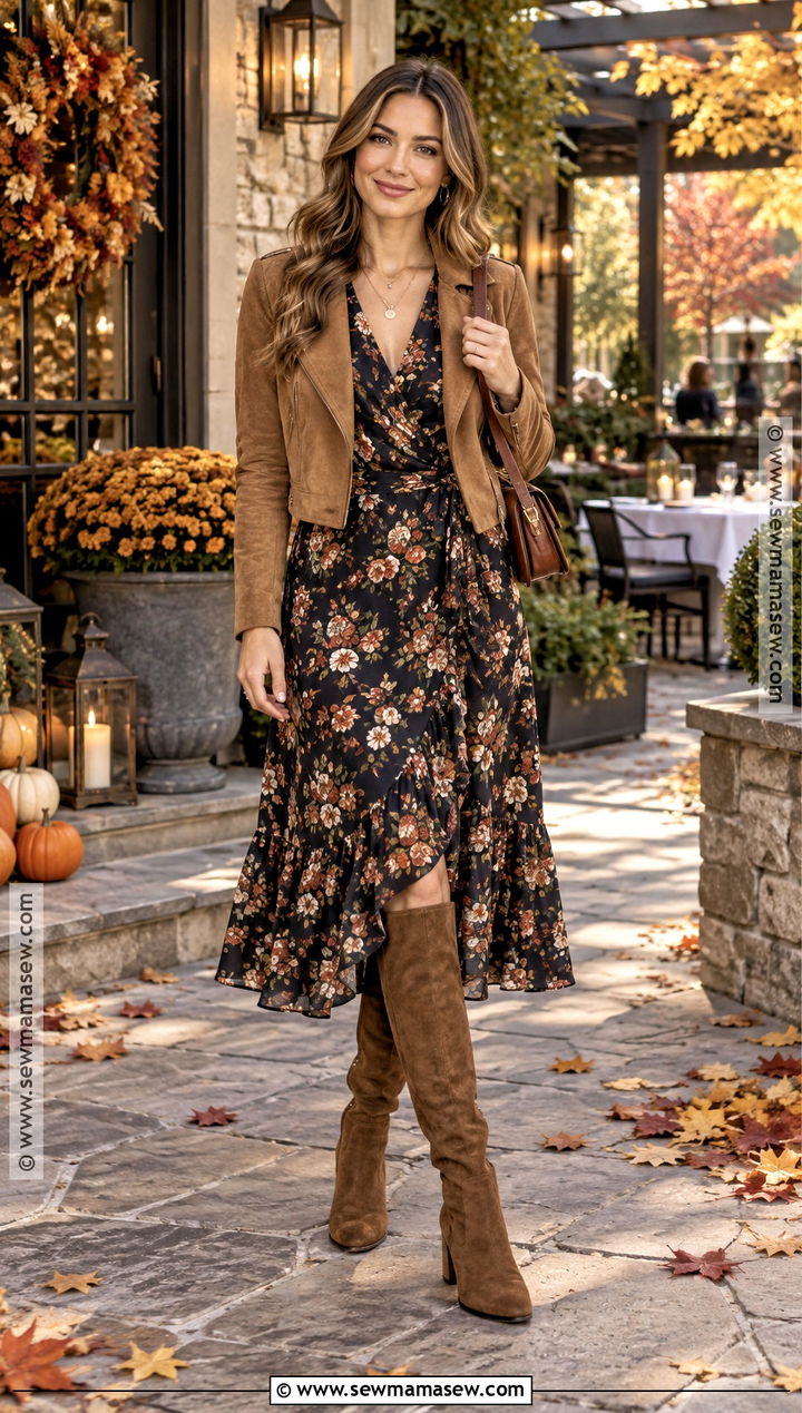 Floral Midi Dress and Suede Boots Autumn Dinner Outfit - 25 autumn dinner outfit ideas