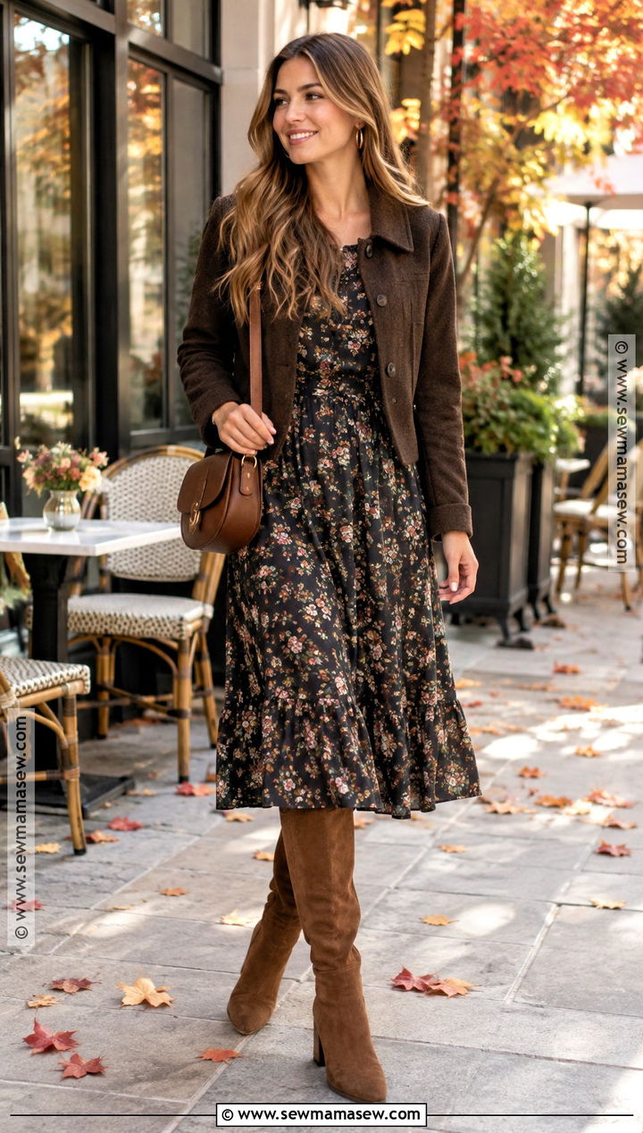 Floral Midi Dress and Suede Boots Birthday Outfit - 20 Birthday Fall Outfits