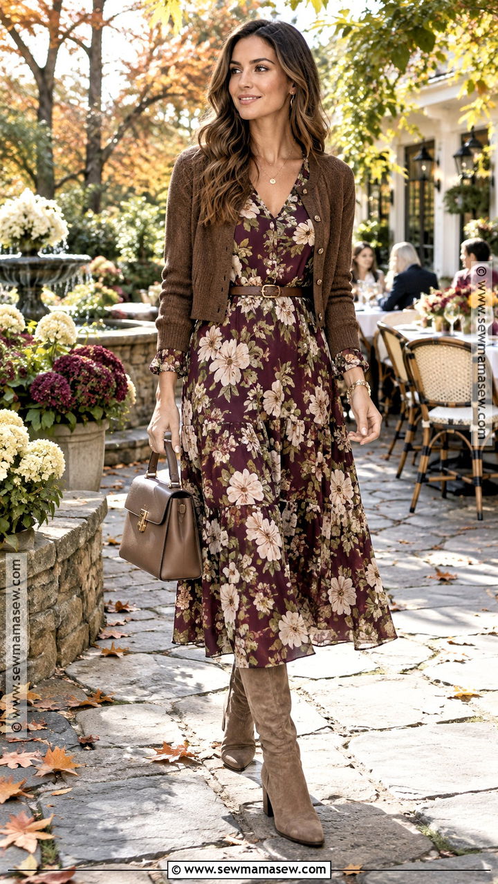 Floral Midi Dress and Suede Boots Fall Brunch Outfit - 20 brunch outfit ideas fall classy chic