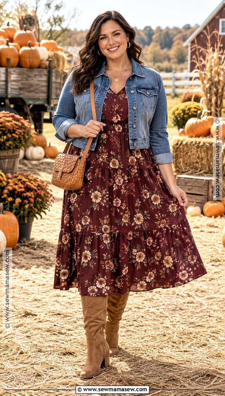 Floral Midi Dress and Suede Boots Fall Harvest Party Outfit - 15 Fall Harvest Party Attire Ideas