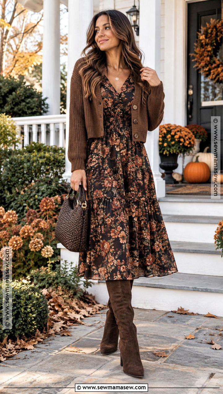 Floral Midi Dress and Suede Boots Thanksgiving Outfit - 20 outfits for thanksgiving for women