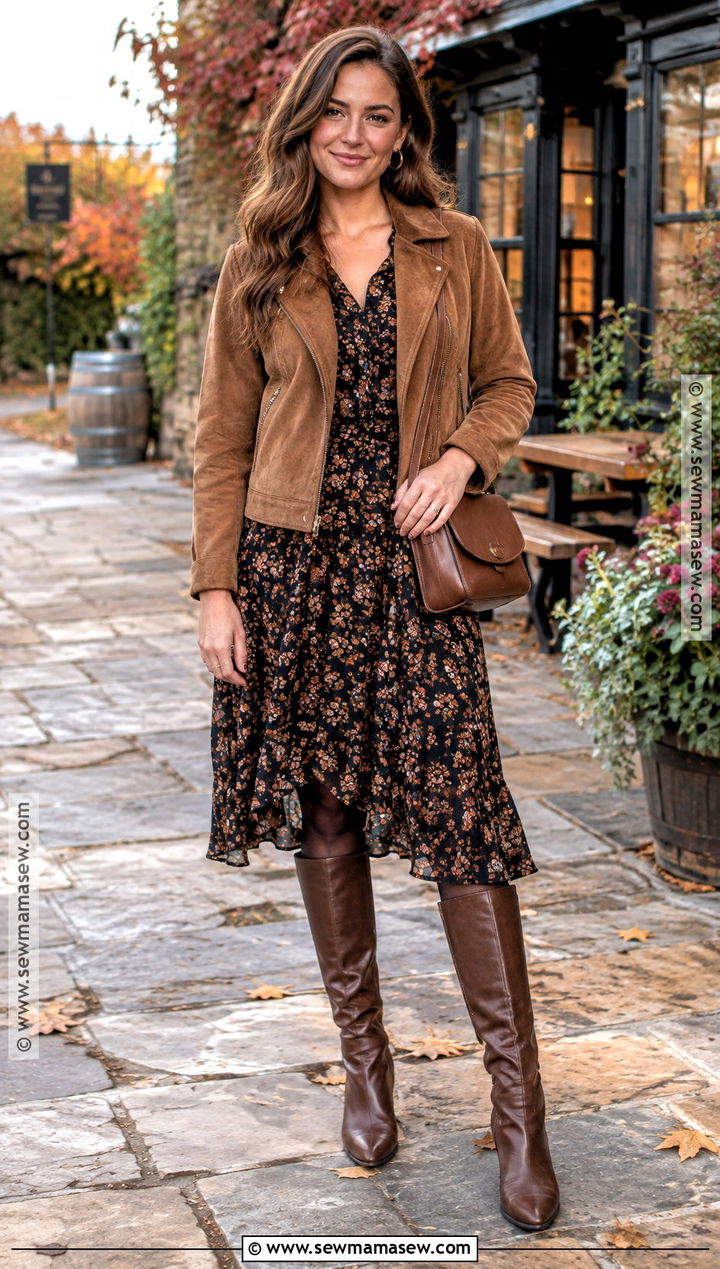 Floral Midi Dress and Suede Jacket Autumn Pub Outfit - 20 autumn pub outfit ideas