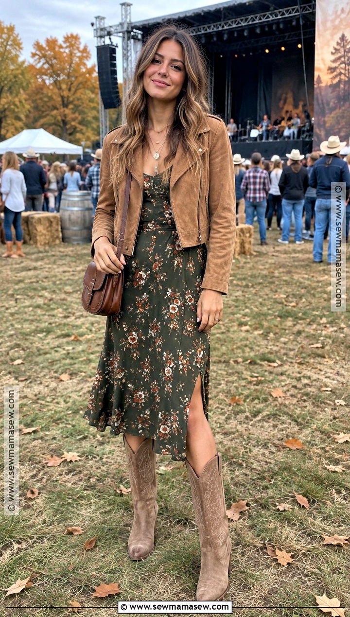 Floral Midi Dress and Suede Jacket Country Festival Outfit - 20 country festival outfit fall ideas