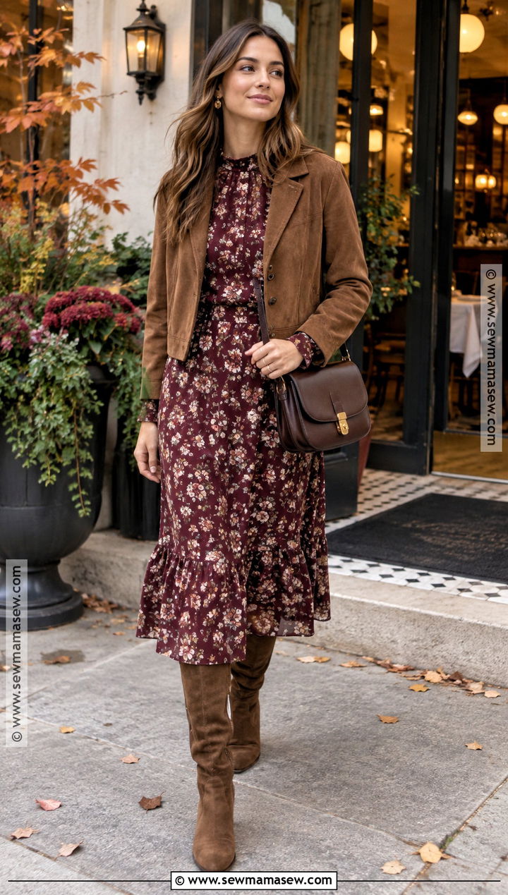 Floral Midi Dress and Suede Jacket Fall Dinner Outfit - 15 fall out to dinner outfit ideas