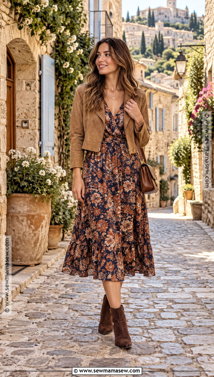 Floral Midi Dress and Suede Jacket Fall Outfit - 15 south of france fall outfits