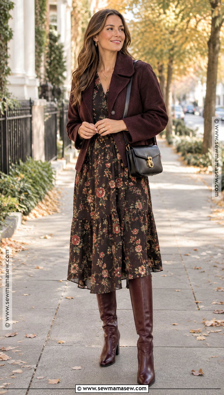Floral Midi Dress and Tall Boots Outfit - 15 Cute Fall Dressy Outfits