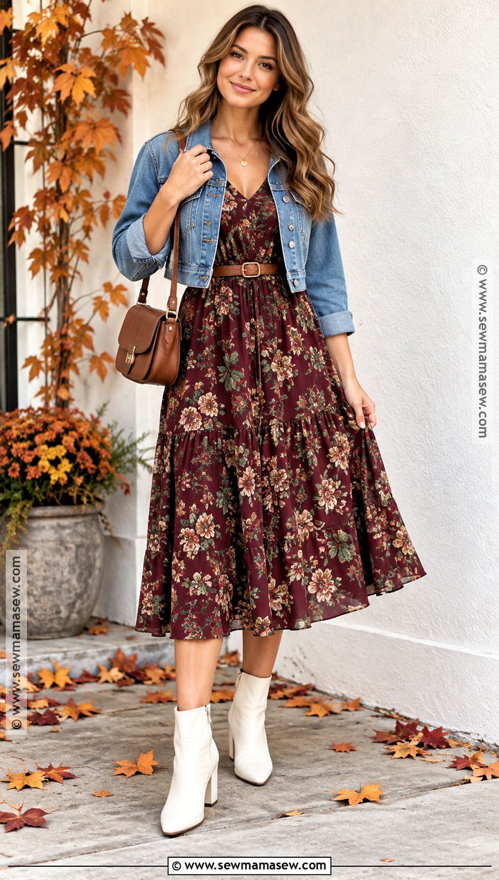 Floral Midi Dress and White Boots - 20 white boots outfit fall