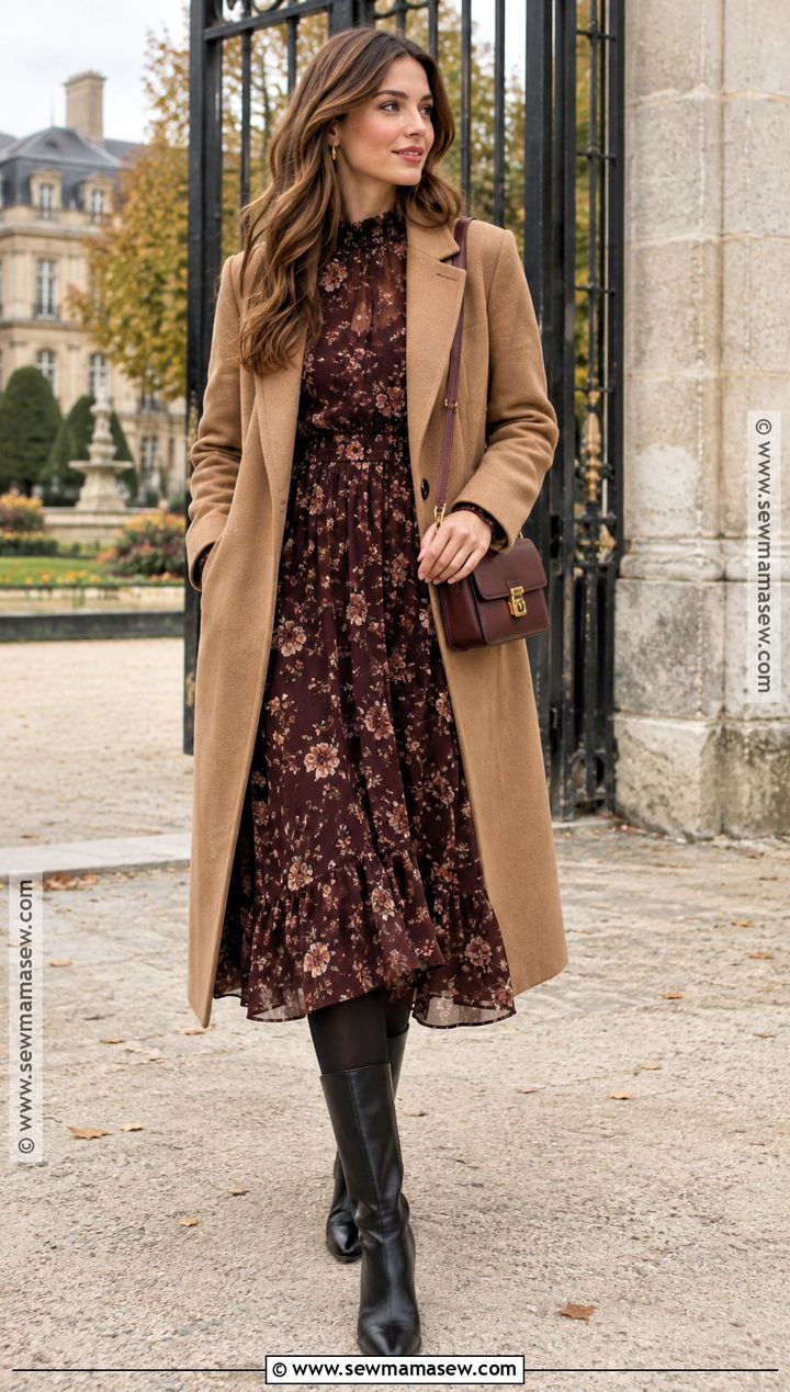 Floral Midi Dress and Wool Coat Paris Fall Outfit - 25 fall paris outfits