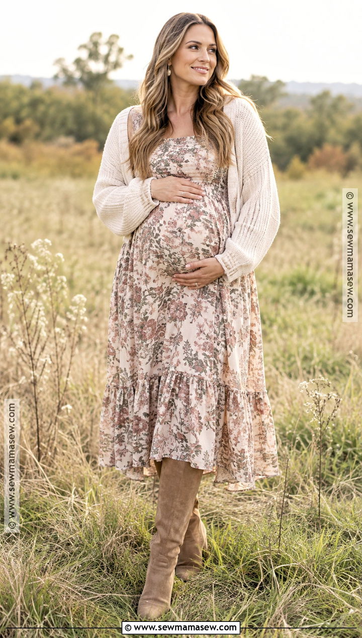 Floral Midi Dress for September Maternity Pictures - 15 september maternity pictures outfits