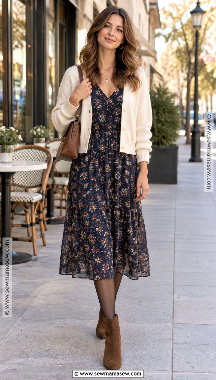 Floral Midi Fall Dress Outfit With A Cardigan - 15 womens fall dress outfits