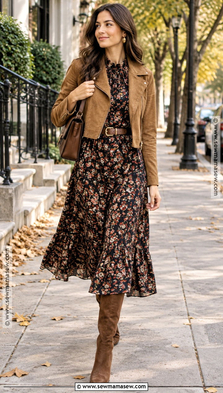 Floral Midi Fall Dress Outfit With Knee High Boots - 20 cute fall dress outfits