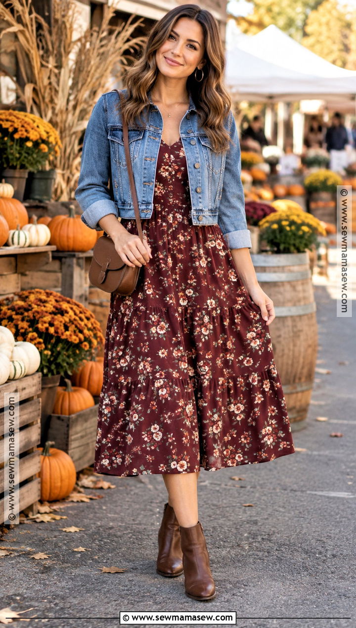 Floral Midi Fall Dress With Denim Jacket - 20 fall dress outfit ideas