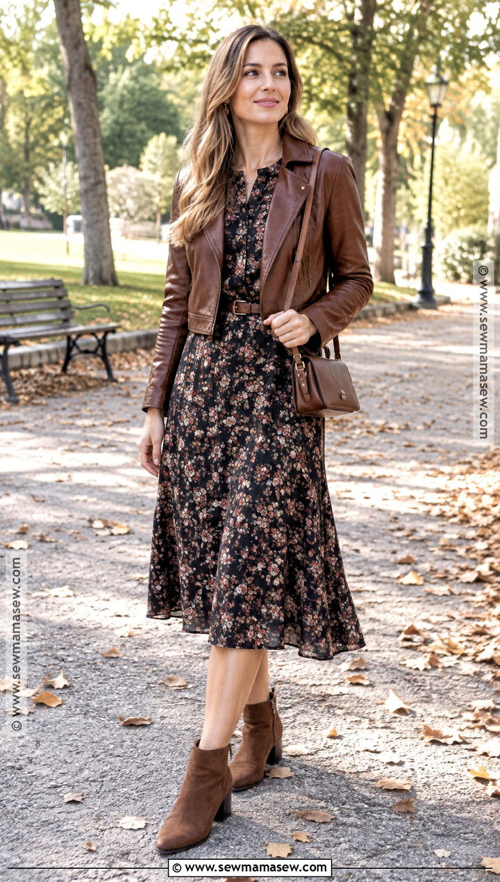 Floral Midi Fall Dress With Leather Jacket - 15 fall outfits 2026 dress