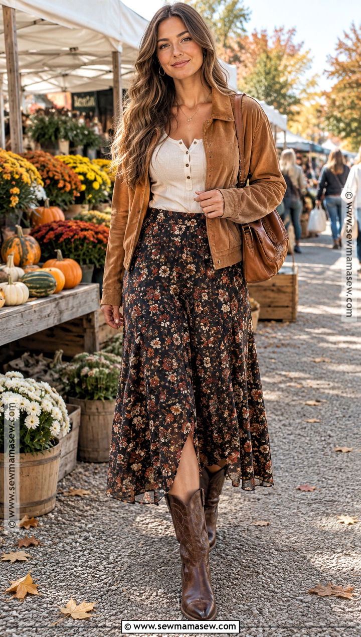 Floral Midi Skirt And Cowboy Boots Outfit - 15 Fall Skirts And Boots