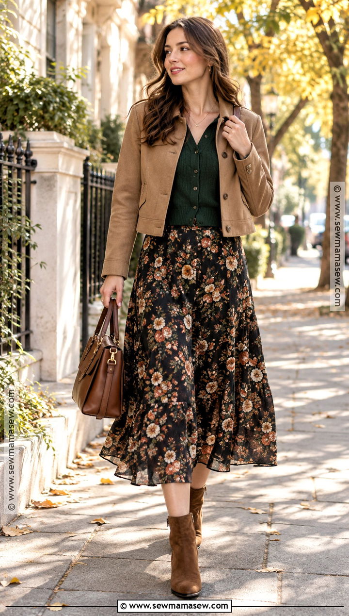 Floral Midi Skirt And Fitted Cardigan - 15 skirts and sweaters outfit fall