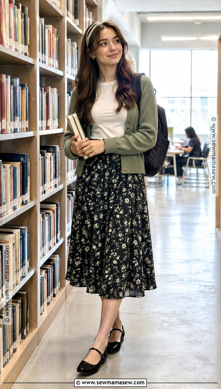 Floral Midi Skirt And Knit Cardigan Outfit - 15 back to school outfits with skirt