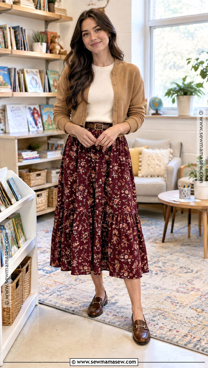Floral Midi Skirt And Knit Top Teacher Outfit - 20 teacher outfits elementary fall