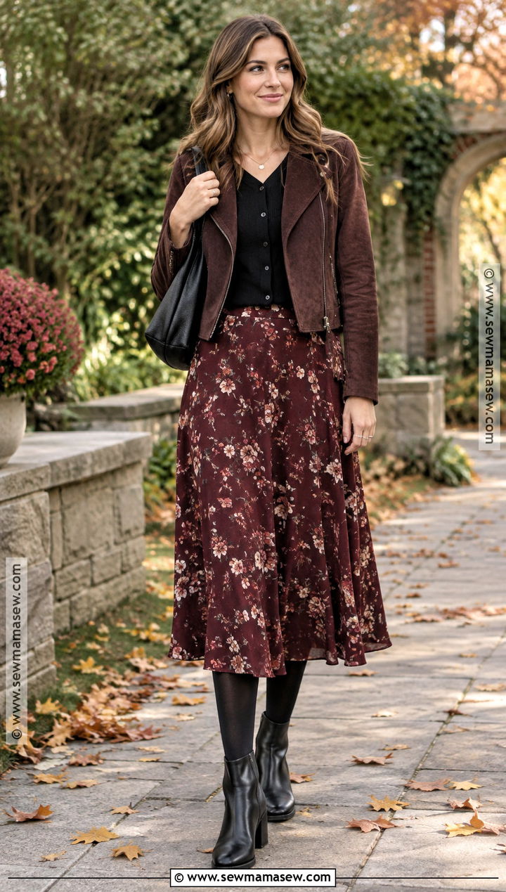 Floral Midi Skirt And Opaque Tights Outfit - 25 fall outfits skirts tights
