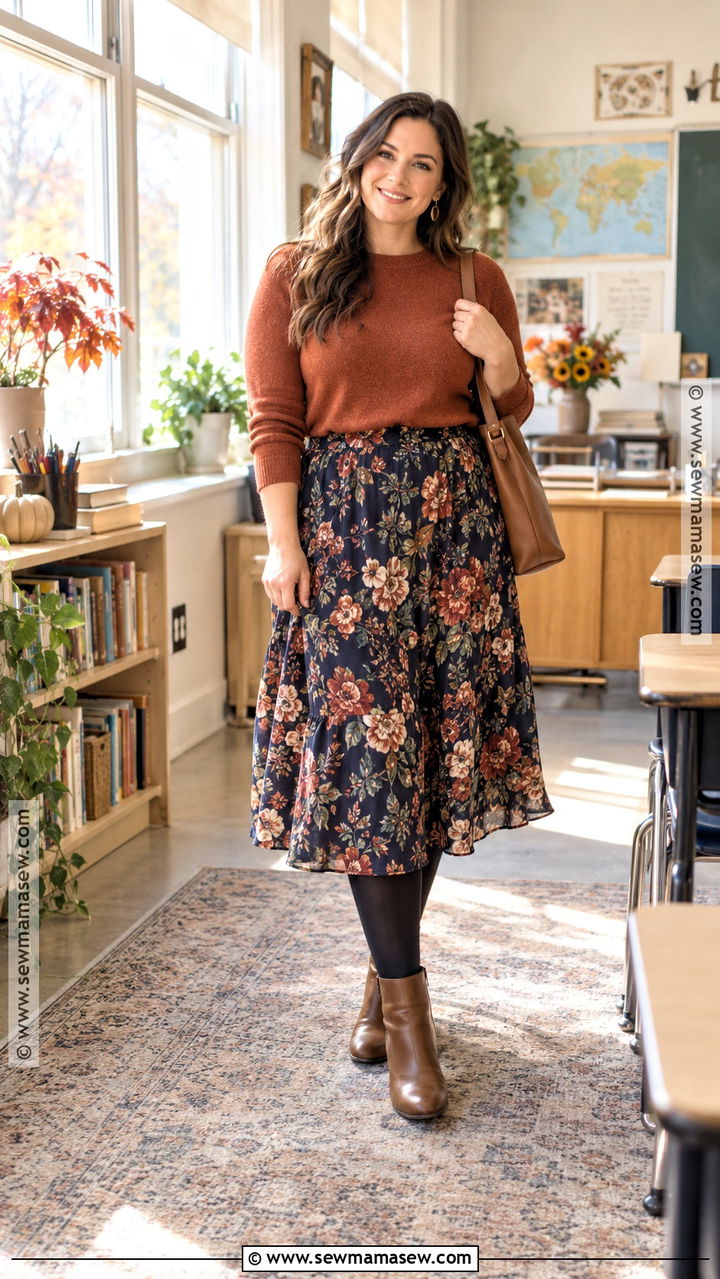 Floral Midi Skirt And Sweater Fall Teacher Outfit - 20 fall outfit ideas for teachers