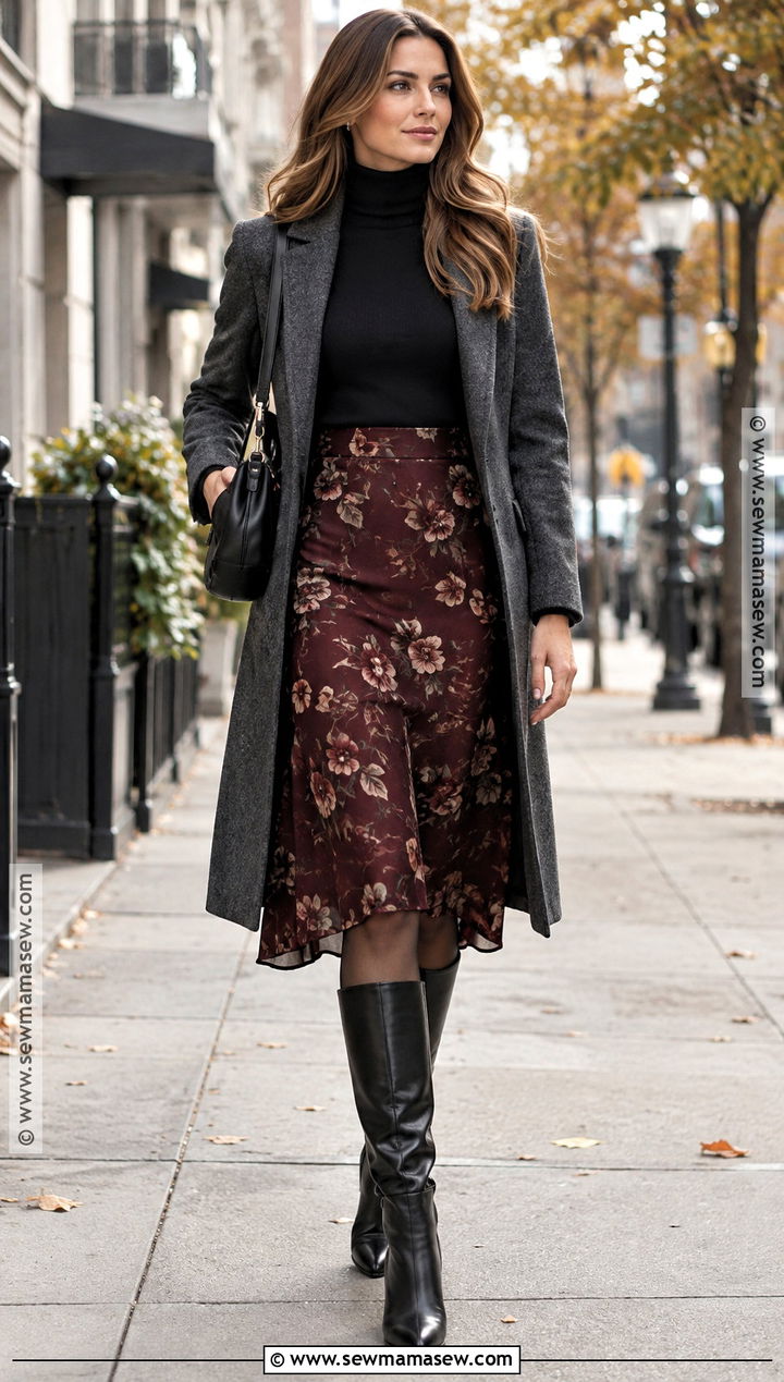 Floral Midi Skirt With Black Turtleneck And Knee High Boots - 15 Autumn Outfit With Floral Skirt And Boots