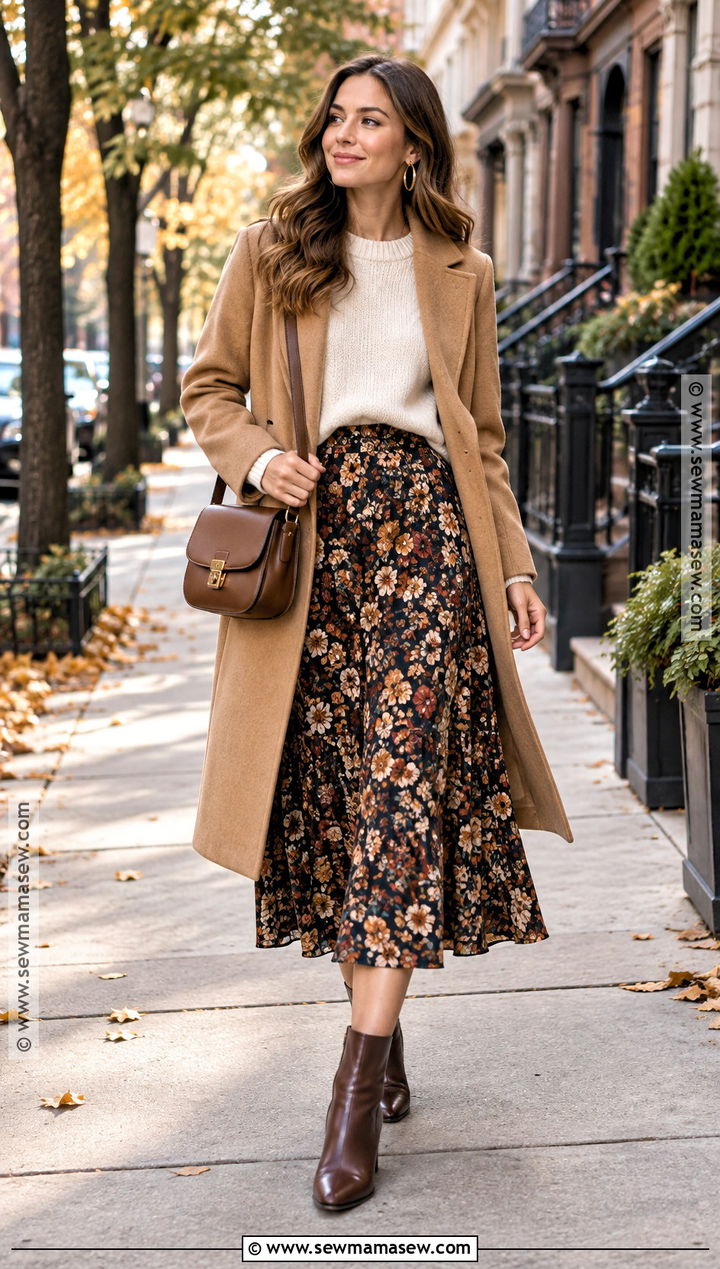 Floral Midi Skirt With Cream Sweater And Brown Ankle Boots - 15 Autumn Outfit With Floral Skirt And Boots