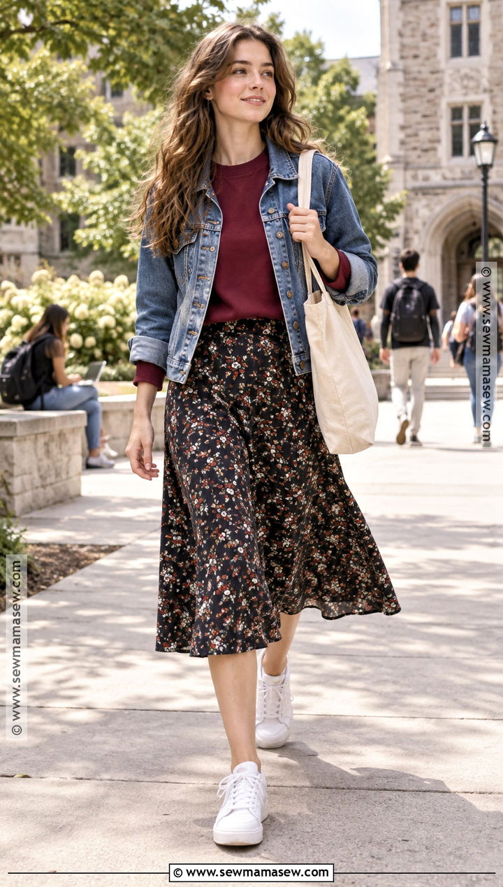 Floral Midi Skirt With Crewneck Sweatshirt And Sneakers - 20 Back To School Skirt Outfits